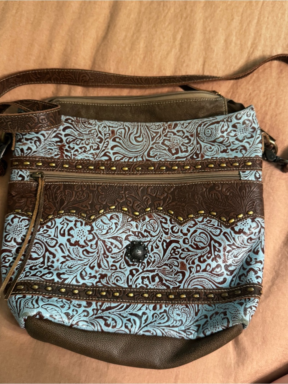 Myra Leather Bag Brown and Light Blue Floral Embossed Crossbody